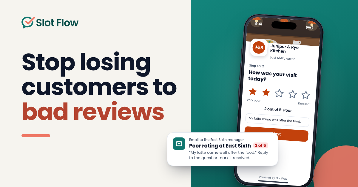 Stop losing customers to bad reviews. A phone shows a restaurant's branded feedback form with 2 of 5 picked, next to an email alert telling the location manager about the poor rating.